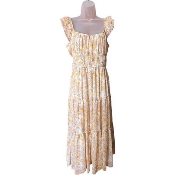 Trixxie Yellow Floral Ruffled Maxi Dress Sz L Milkmaid Boho Cottagecore Prairie - Picture 1 of 14